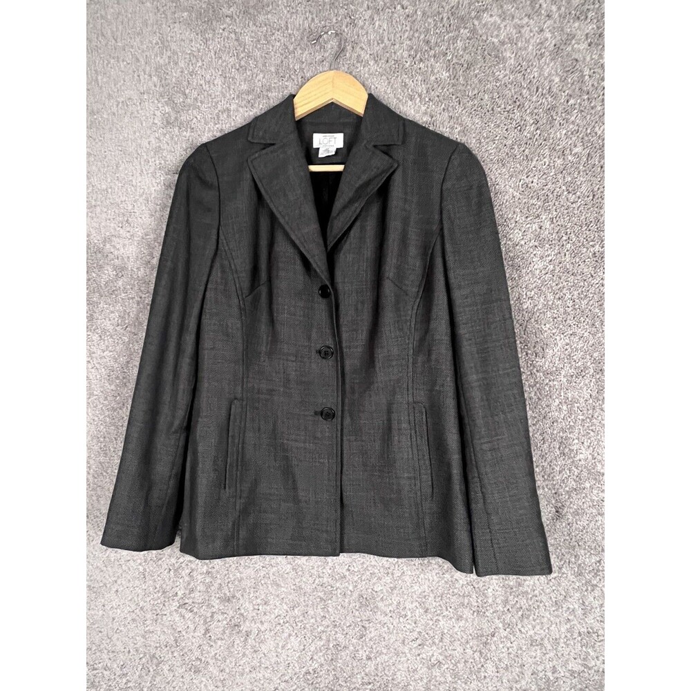 Ann Taylor Loft Blazer Womens Petite 4P Gray Long Sleeve Lined Pockets Button Up